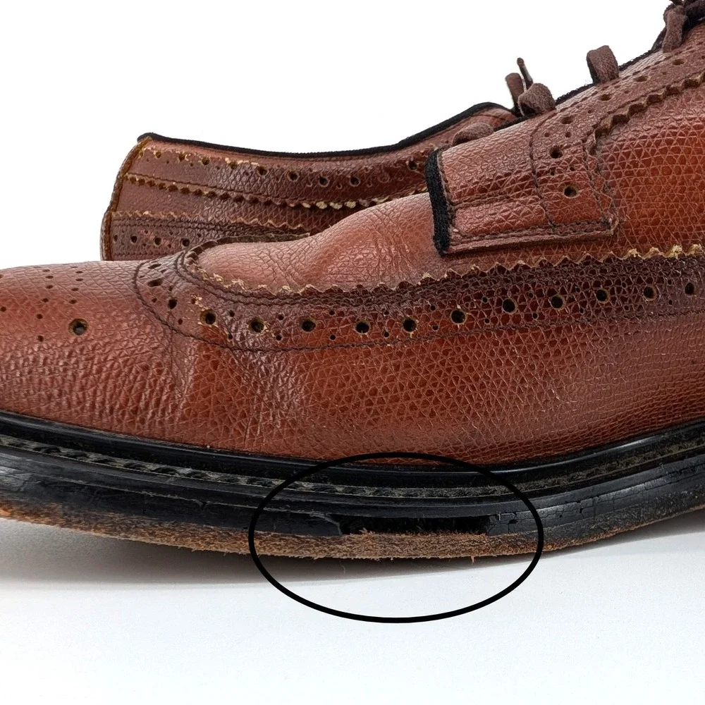 Sears‎ Mens Brown Pebble Grain Leather Wingtip Oxford Dress Shoes Distressed